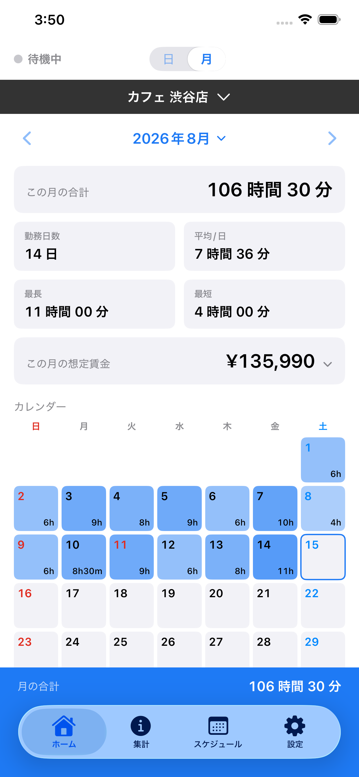 月ごとの勤務記録。画面は説明用のサンプルデータです。賃金の表示にはProを使用しています。